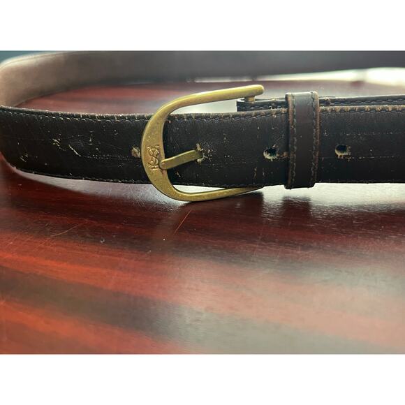 VTG YSL Belt Size 40 Solid Brass Buckle Brown Kipskin Saddle Leather Flaws - Picture 2 of 10